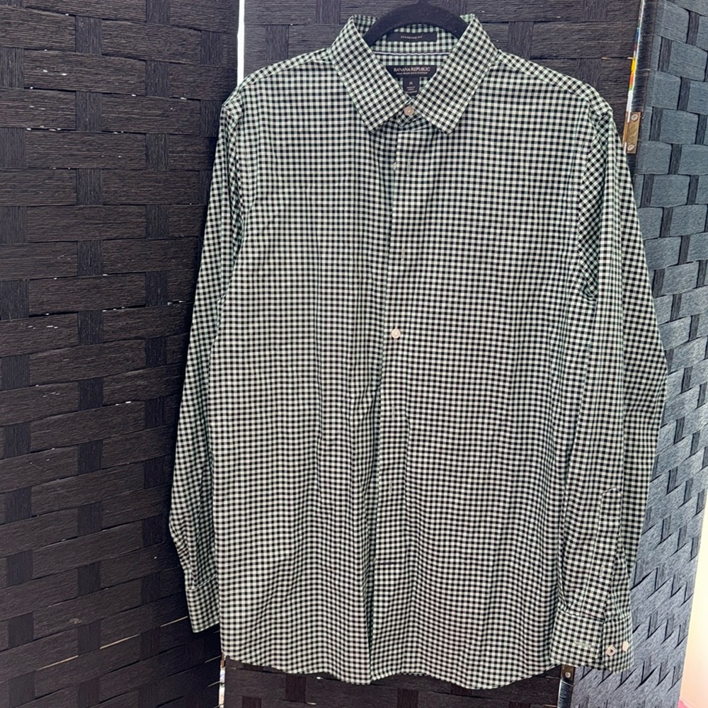 Banana Republic Green And Black Checkered Standard For Dress Shirt In M